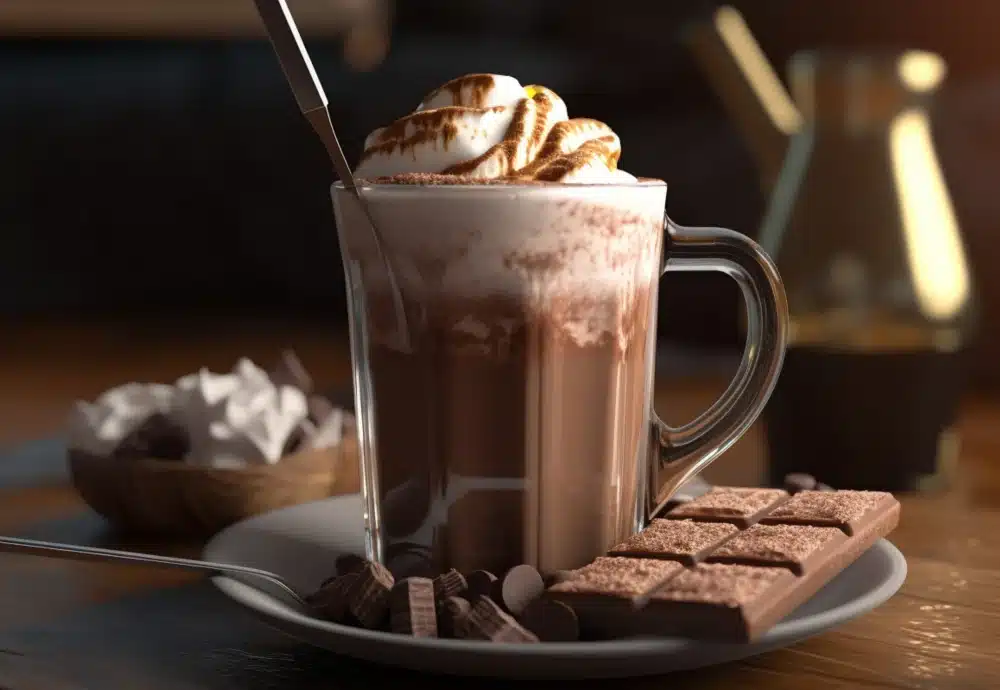 Hot chocolate with whipped cream and chocolate treats on a saucer.