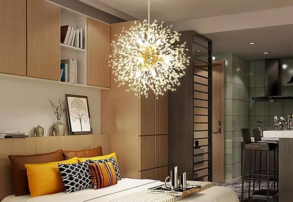 Modern bedroom with burst chandelier and warm wood décor.