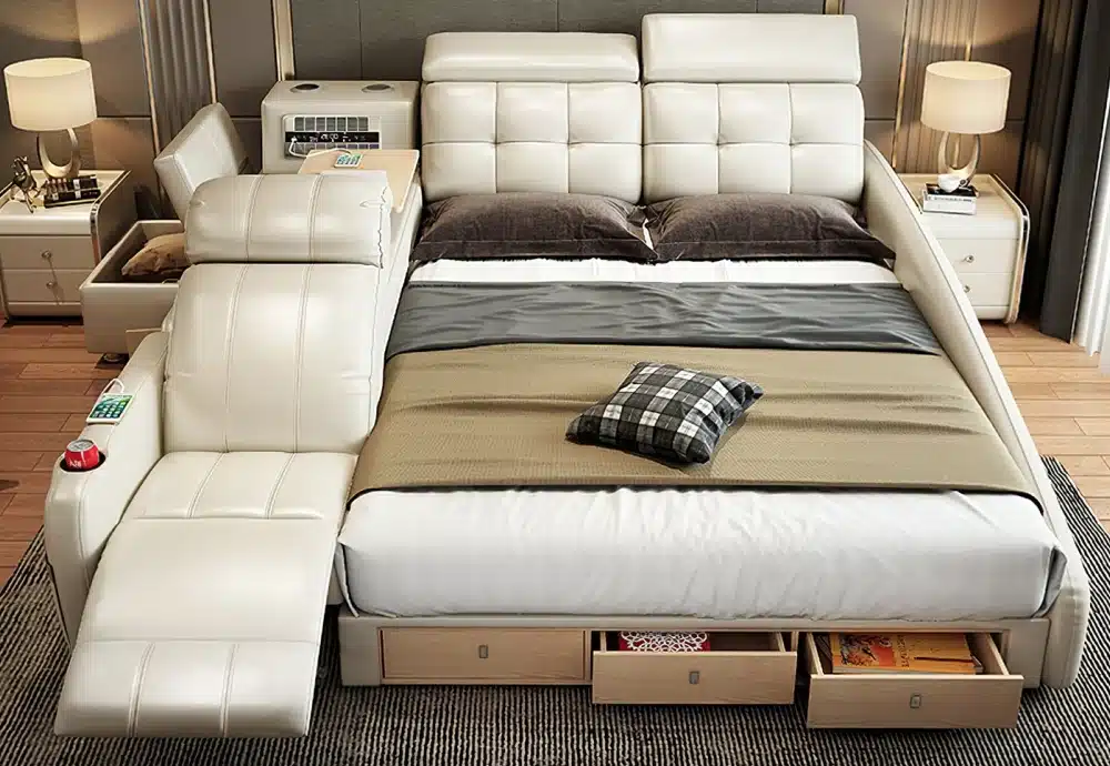 Multifunctional bed with chaise, headboard storage, and drawers.