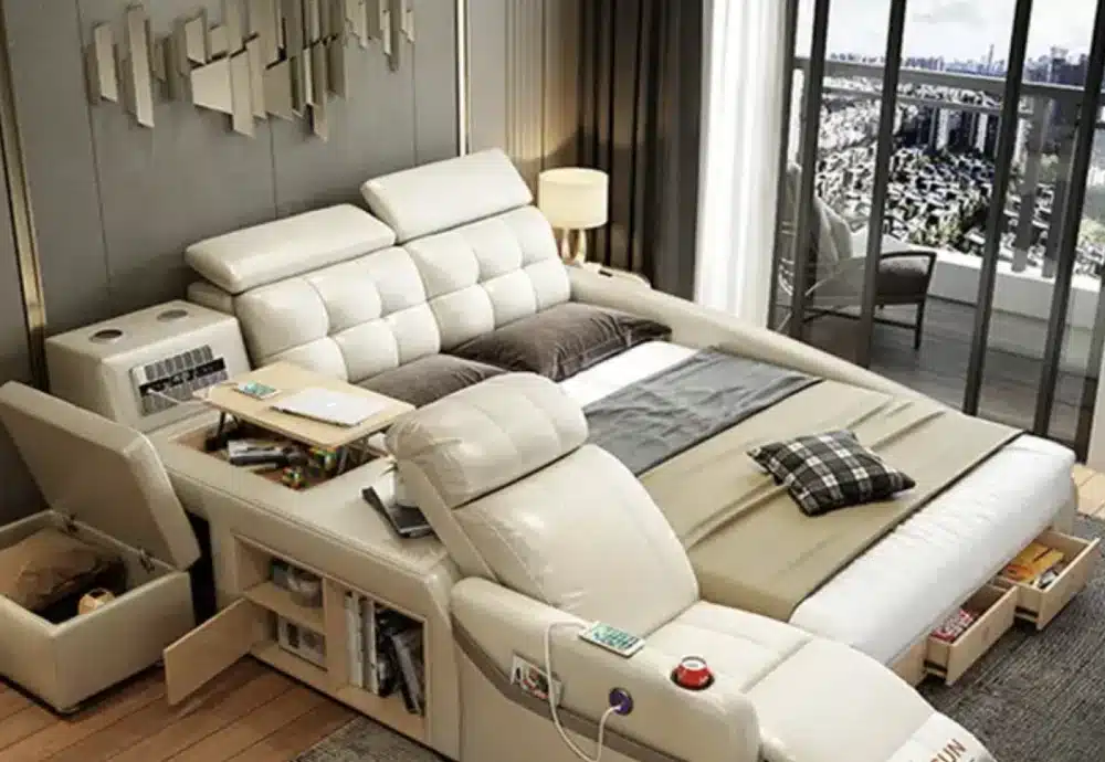 Smart bed with storage, recliner, and built-in shelves.
