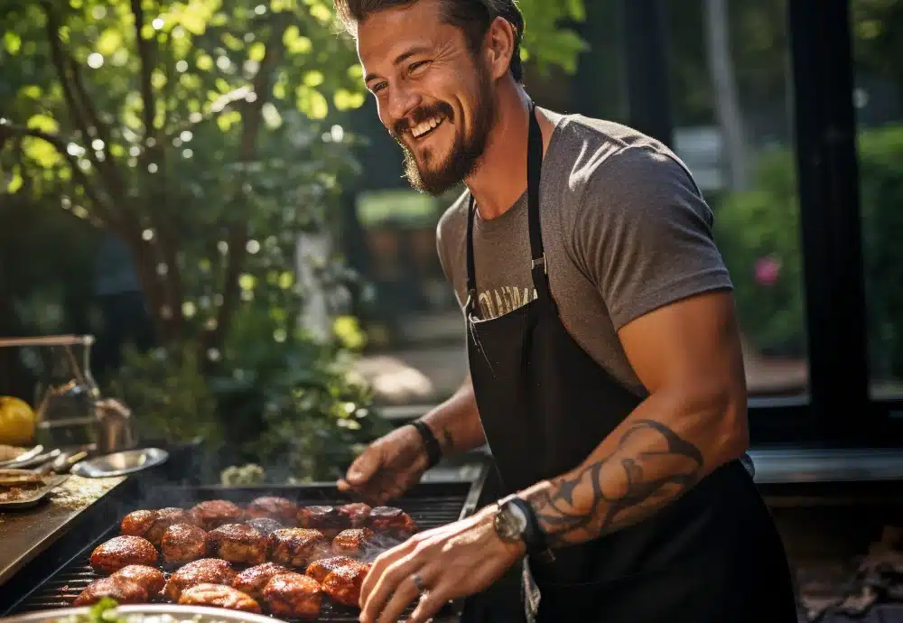 Man grilling meat outdoors in apron, smiling.