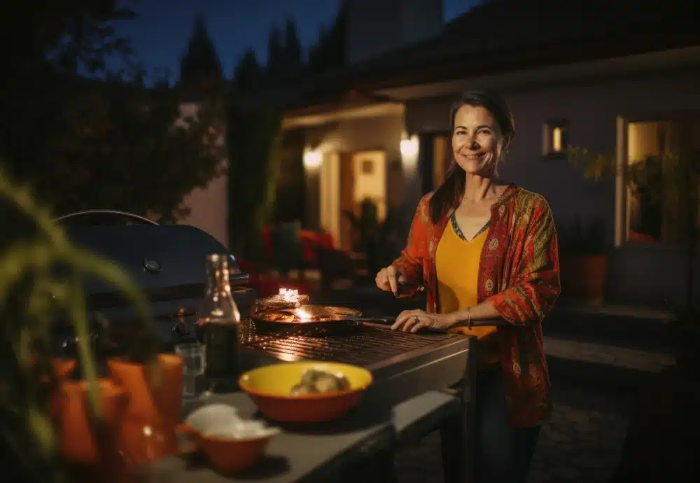 Woman grilling outdoors at night beside a warmly lit house.