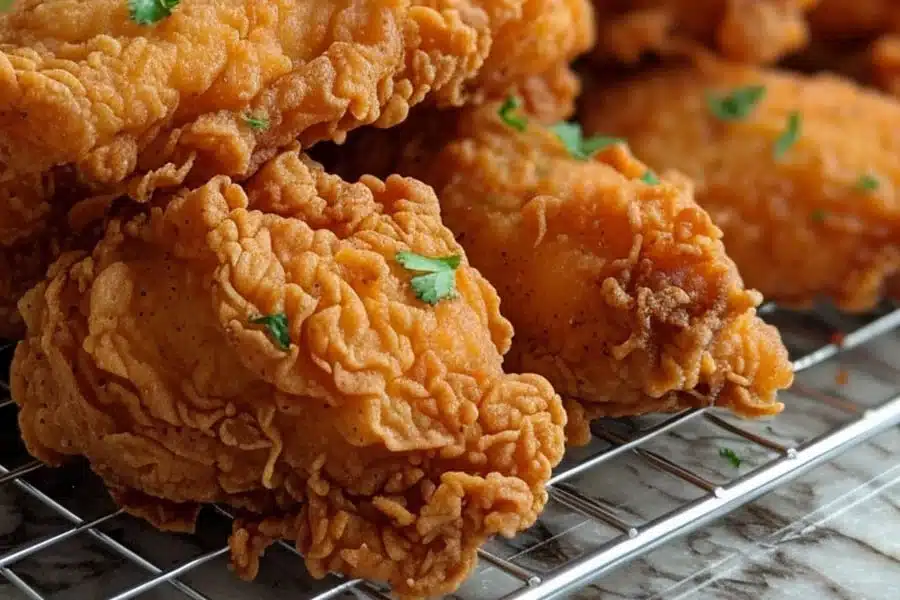 Close-up of crispy fried chicken on a cooling rack.