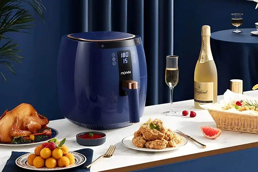 Modern blue air fryer on a table with fried food, champagne, and a stylish dining setup.