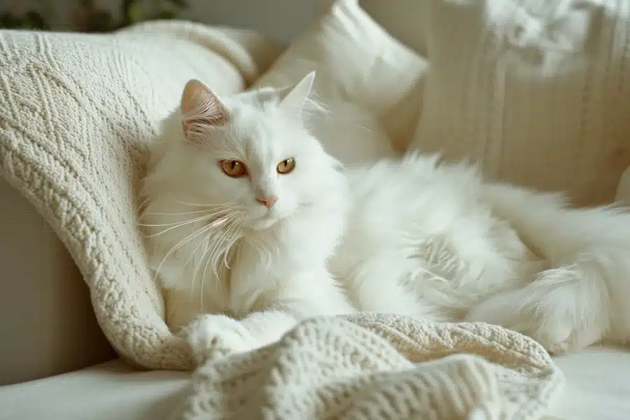 cat robot litterWhite long-haired cat resting on a bed with cream-colored knitted blankets.