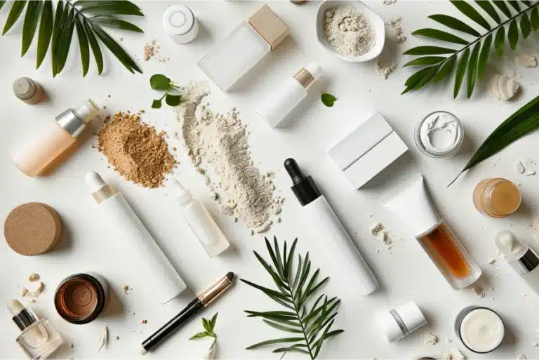 the Perfect Small Makeup Bag, Flat lay of skincare and cosmetic products with natural botanical elements.