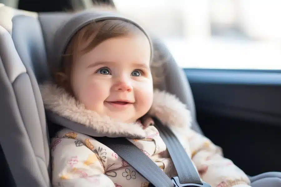 Smiling baby in a winter coat secured in a car seat.