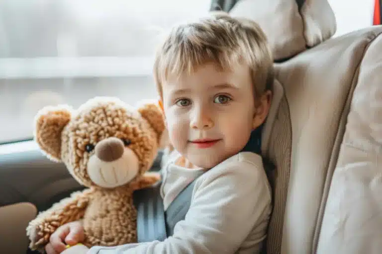 Smiling child in a car booster seat holding a teddy bear.