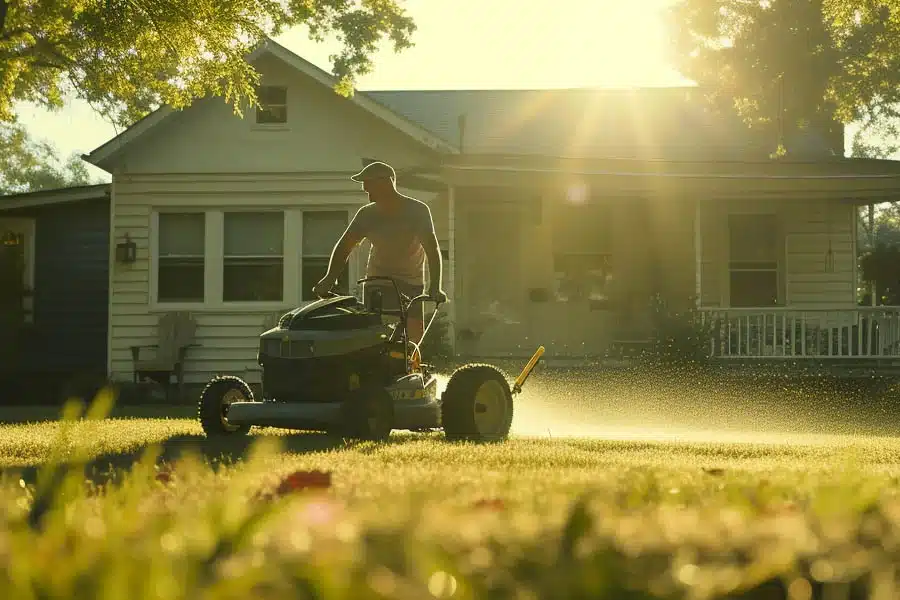 Man mowing lawn in golden sunlight in front of a suburban house.