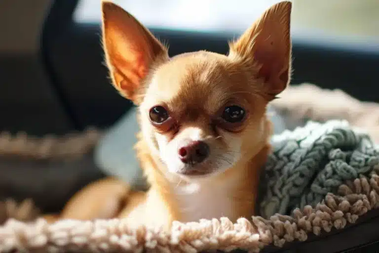 Chihuahua resting on a blanket inside a cozy car seat or carrier.