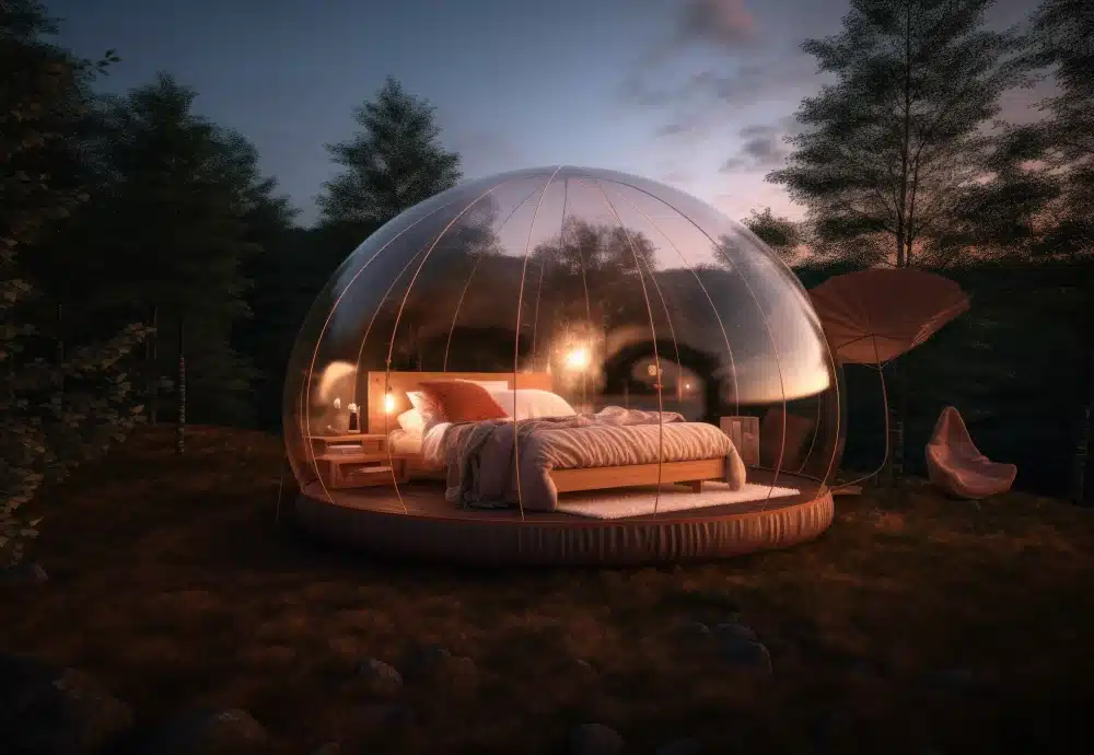 Transparent bubble tent in a forest with a cozy bed inside, glowing warmly at dusk.