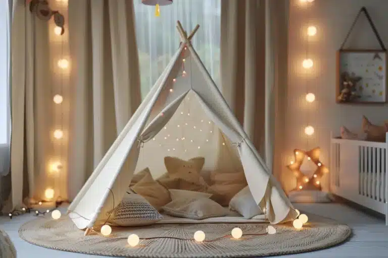 Cozy children's teepee tent with pillows and string lights in a softly lit room.