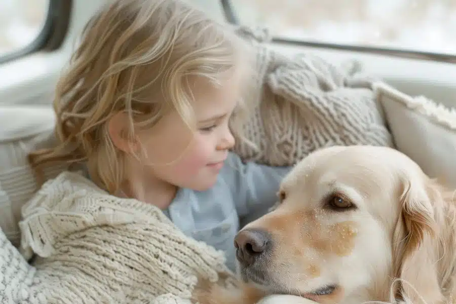 Young girl snuggling with a golden retriever in the backseat of a cozy car filled with soft blankets.