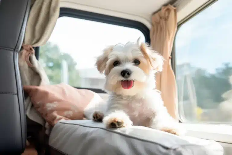 Fluffy white dog sitting on a cushioned car seat inside a cozy vehicle.