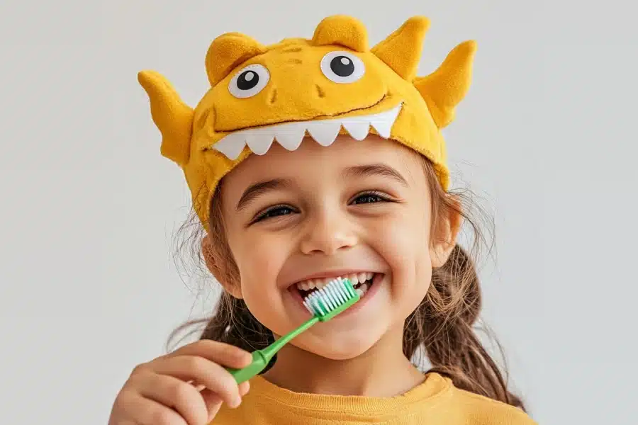 Smiling child wearing a fun monster headband while brushing teeth with a green toothbrush.