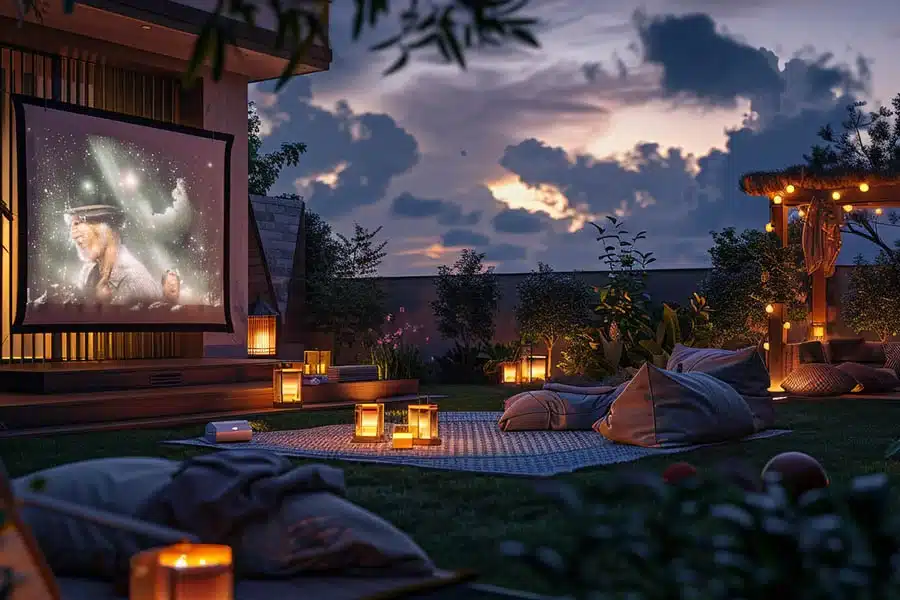 Cozy outdoor movie setup with candles, bean bags, and a projector screen at sunset.