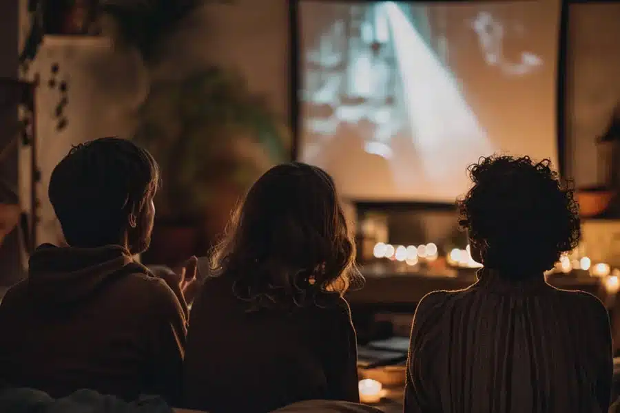Group watching a black-and-white movie in a candlelit home theater.