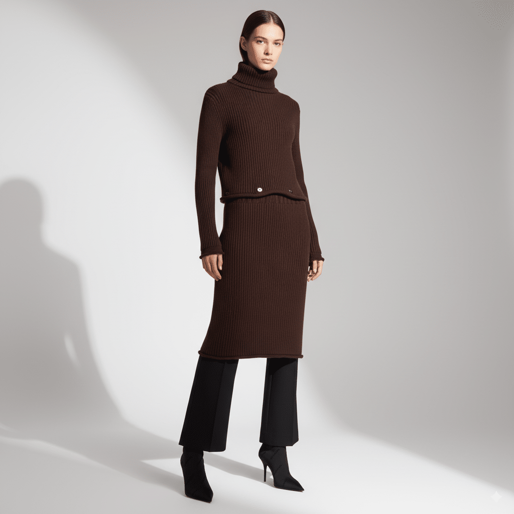 Bottega Veneta Knit Dress in burgundy ribbed wool with turtleneck and long sleeves for luxury fashion.