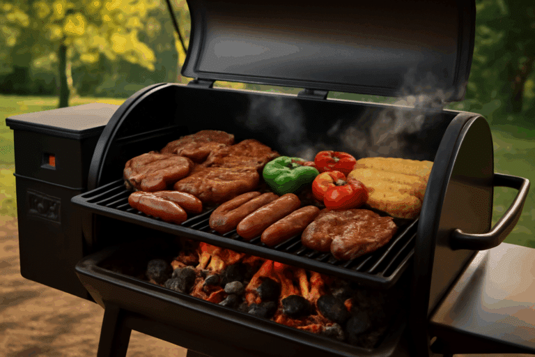 A pellet charcoal combo grill with steaks, sausages, bell peppers, and corn on the cob sizzling on the grill, with glowing charcoal and visible wood pellets.