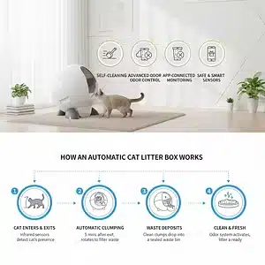Smart Automatic Litter Box with a cat, showcasing self-cleaning features, odor control, and app connectivity.