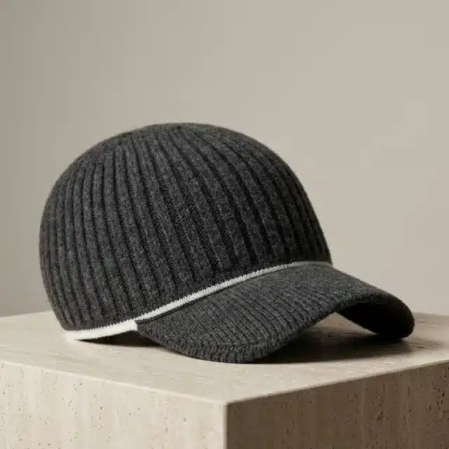 Brunello Cucinelli Cap- Ribbed knit baseball cap in charcoal grey, resting alone on a textured travertine stone plinth in a high-end fashion editorial setting.