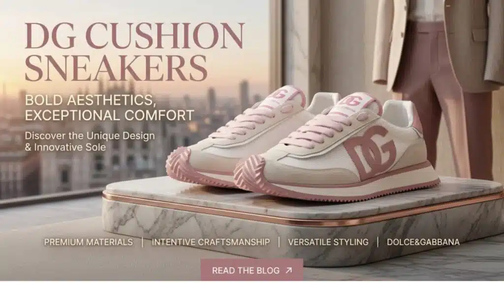 DG sneaker styling guide showcasing pink Dolce & Gabbana cushion sneakers with logo detail on a marble platform