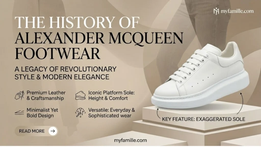 McQueen platform sneakers in white leather with burgundy heel tab displayed on a minimalist luxury stone platform