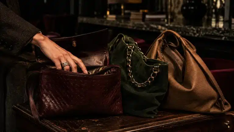 Classic Designer Wallets: handwoven burgundy leather clutch, green suede chain bag, and tan pebbled leather tote on vintage desk.