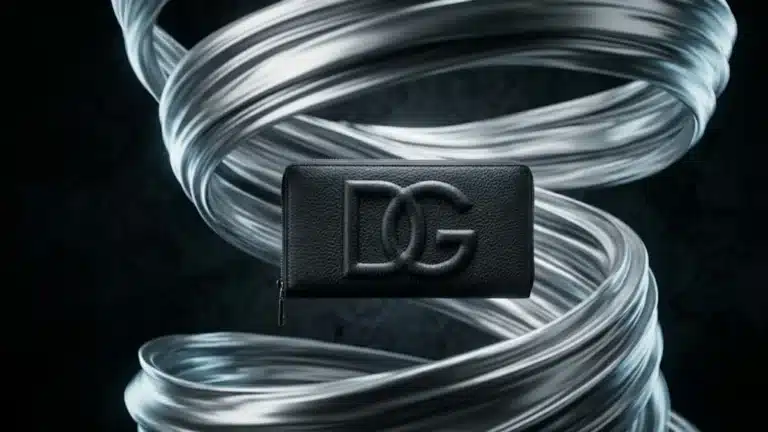 dolce and gabbana wallet in black leather with a raised DG logo, floating among twisting metallic silver shapes.