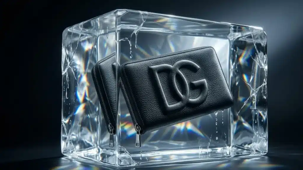 dolce and gabbana wallet encased in transparent ice with colorful light refractions and a duplicate item visible in the background.