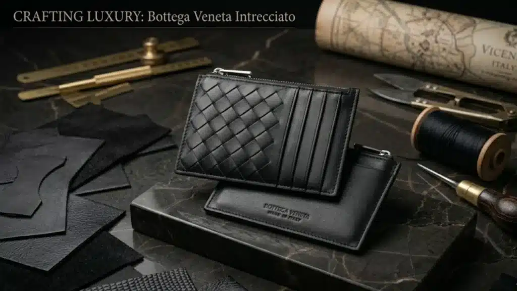 Intrecciato Leather Card Holder in black with woven pattern on marble surrounded by artisan leatherworking tools and materials