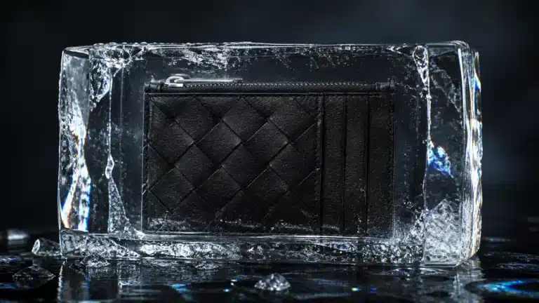 Intrecciato Leather Card Holder encased in a clear ice block, showcasing its black woven texture and silver zipper against a dark reflective surface.