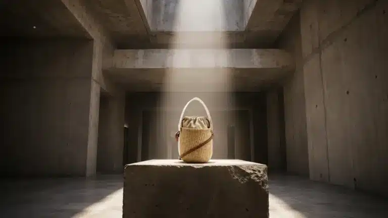 Quiet luxury bags: Chloé woven raffia bucket bag with logo strap, leather trim, and drawstring closure on neutral background.