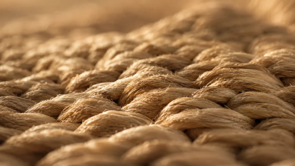 Chloé x mifuko bag texture: close-up of handwoven natural fiber in warm golden light, showcasing artisanal craftsmanship.
