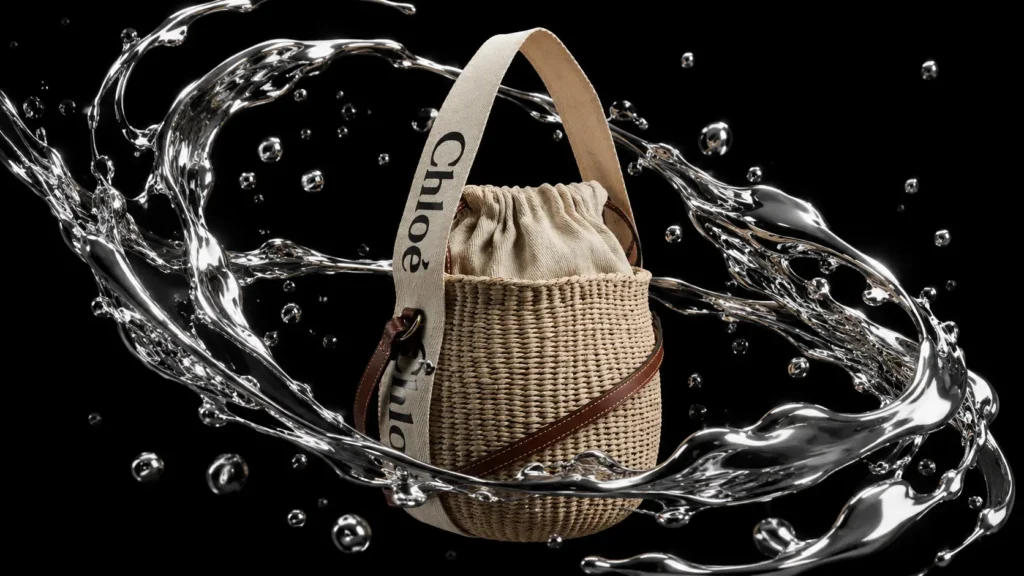 Quiet luxury bags: Chloé woven raffia bucket bag with logo strap, leather trim, and drawstring closure on neutral background.