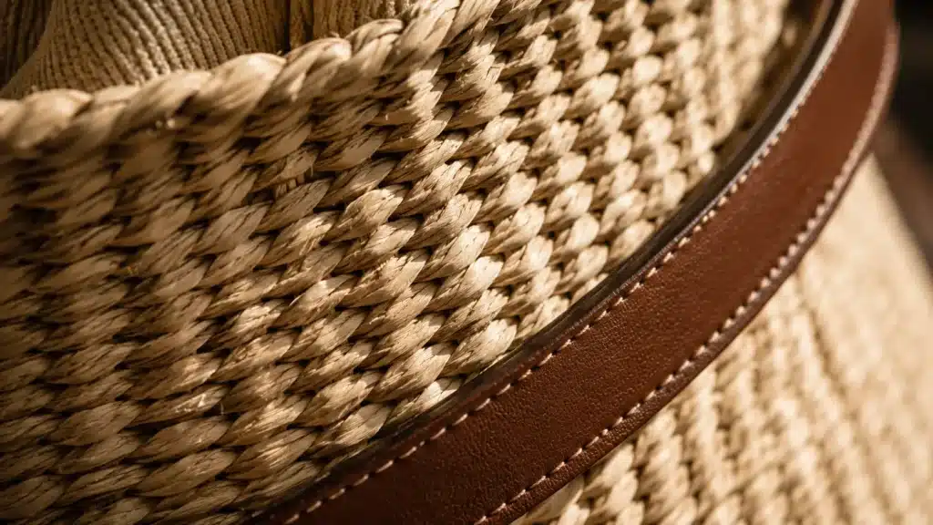 Quiet luxury bags: Chloé woven raffia bucket bag with logo strap, leather trim, and drawstring closure on neutral background.