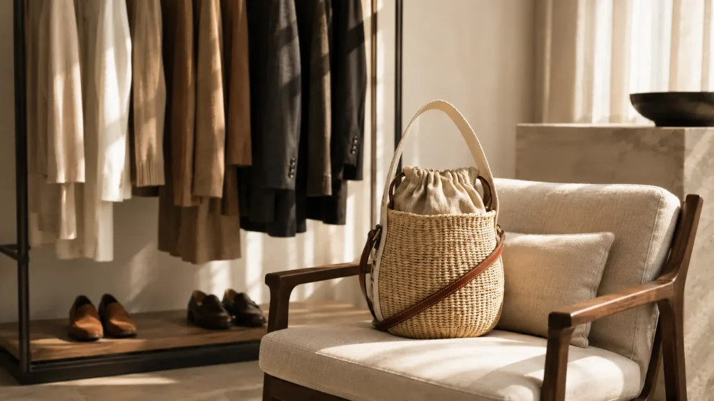 Woven raffia bucket bag with leather strap resting on a linen armchair beside a curated clothing rack.