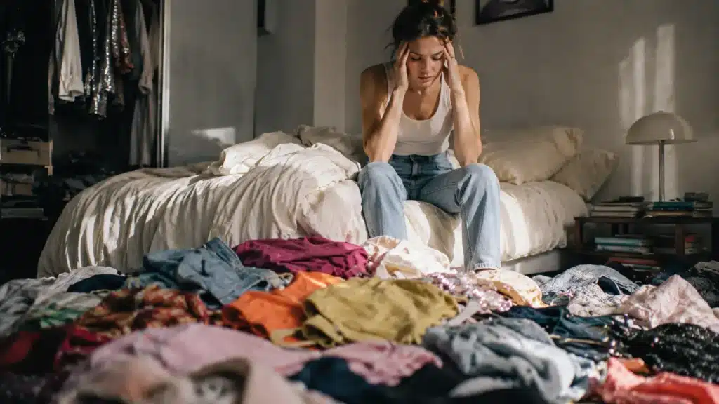 Sustainable luxury fashion: woman seated amid scattered clothing, reflecting on mindful consumption and wardrobe clarity.