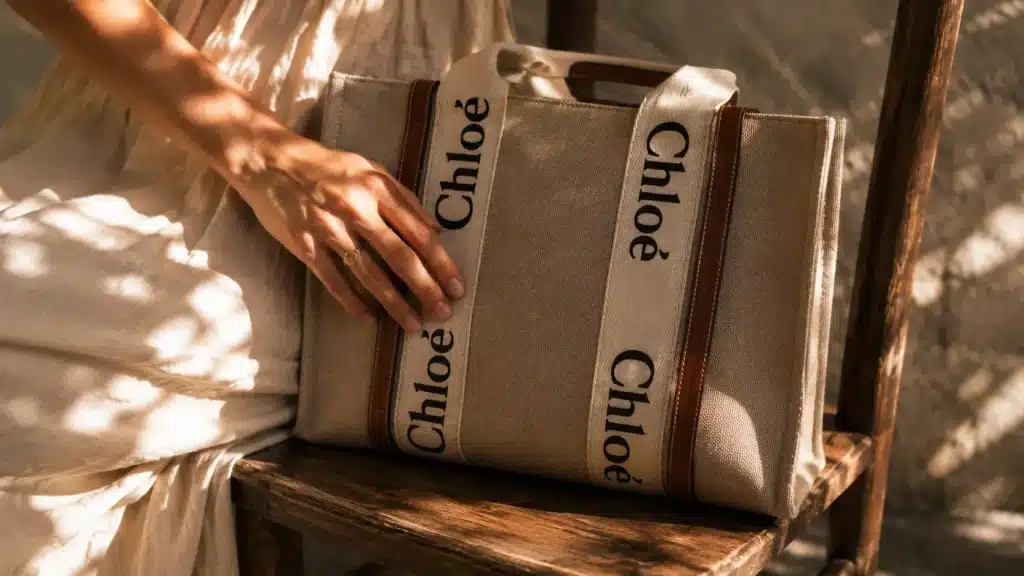Sustainable luxury fashion: Chloé tote in natural canvas with logo straps and leather trim, held gently on wooden chair in sun-dappled setting.
