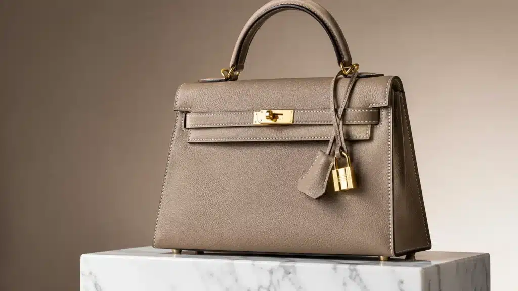 Taupe leather handbag with gold hardware and lock detail on marble pedestal - luxury accessories