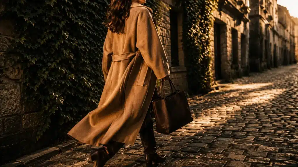 Woman in camel coat walking on cobblestone street carrying a dark leather tote bag, highlighting luxury accessories.
