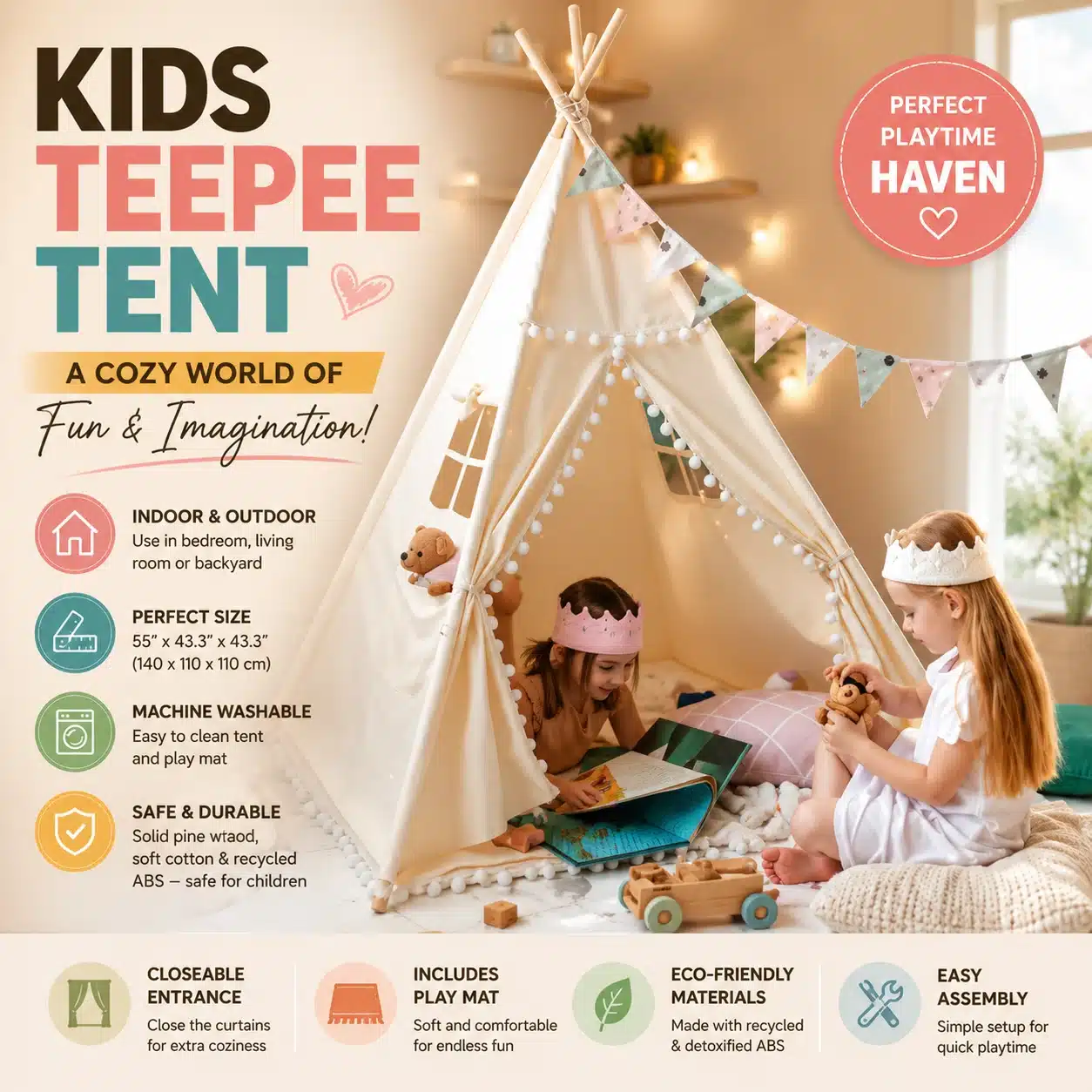 Kids Play Teepee Tent with cotton canvas, pine wood poles, and pom-pom trim, where two children are reading and playing.