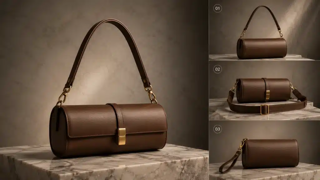 high quality clothing accessory: brown cylindrical leather handbag with gold hardware, shown from multiple angles on marble pedestal.