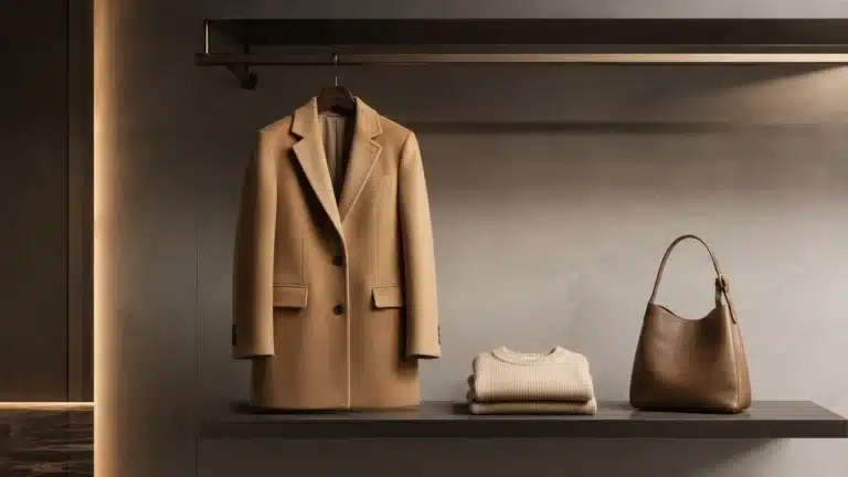 quality clothing display featuring a camel coat, folded cream sweater, and brown leather handbag on a sleek modern shelf.