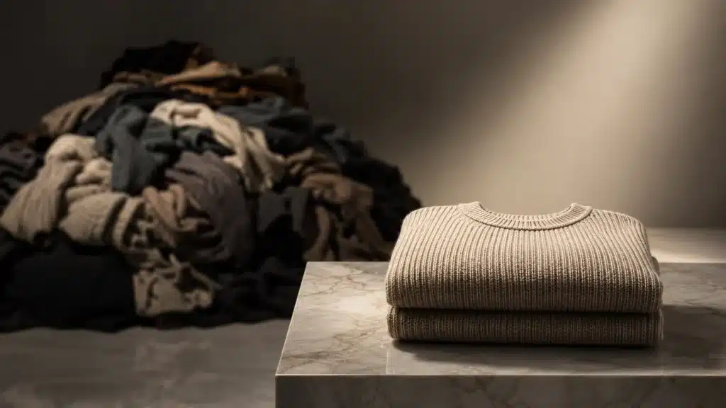 quality clothing shown as a folded beige sweater on a marble pedestal, with a blurred pile of messy garments behind it.