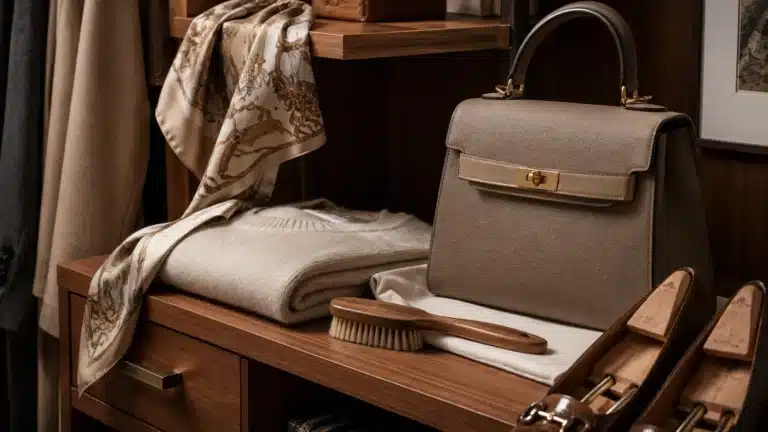 clothing care essentials including a wooden garment brush, folded sweater, leather handbag, and silk scarf arranged on walnut shelving